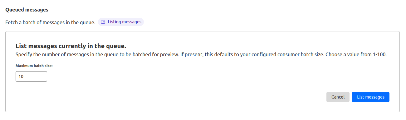 A form to configure how many messages are listed at a time, with a number input showing ‘10’